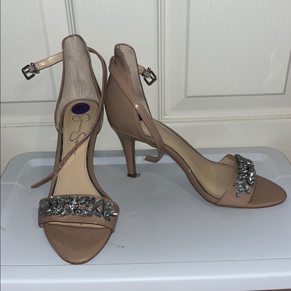 Jessica Simpson Tan Stiletto Heels with Crystal Embellishments